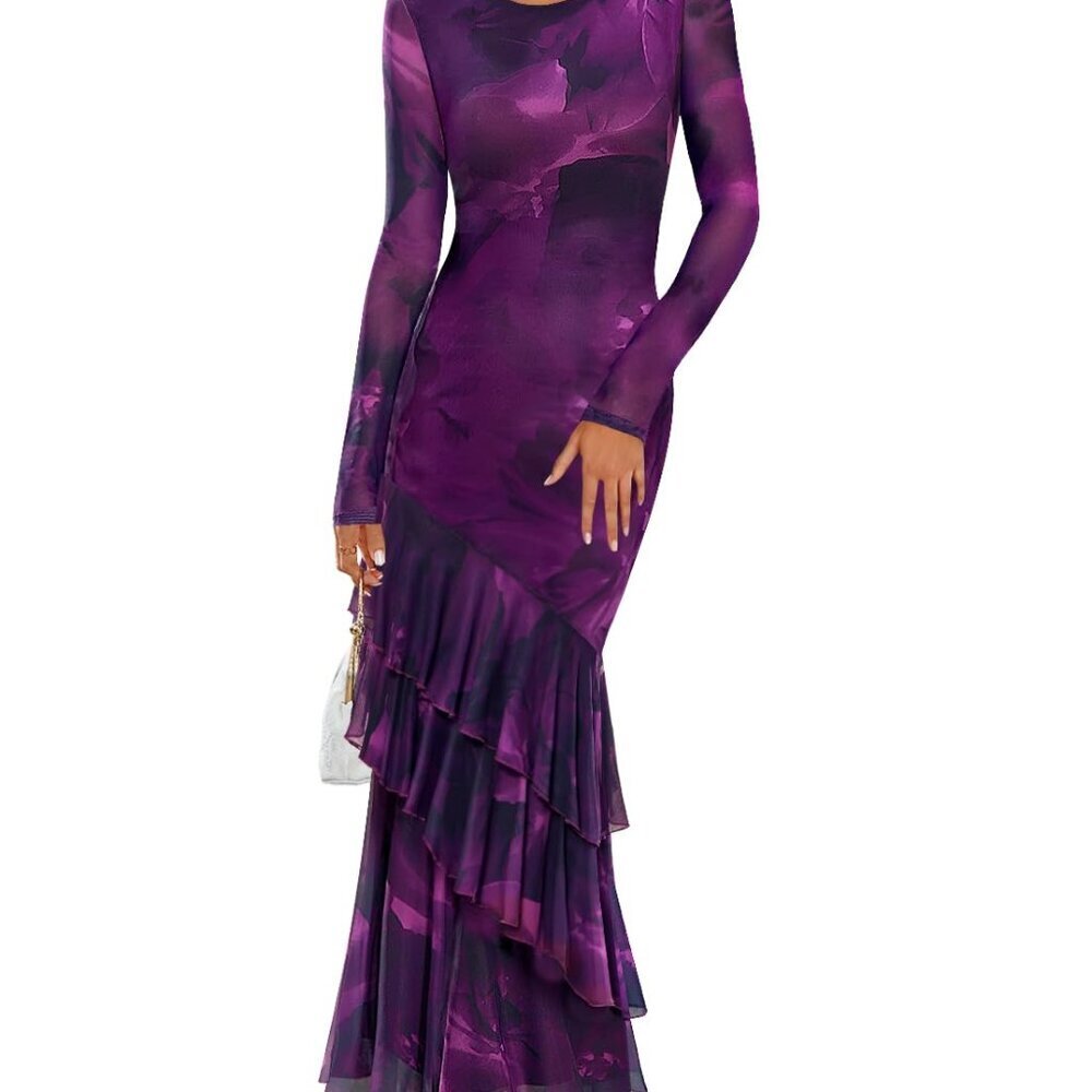 Floral Mesh Mermaid Maxi Dress Elegant Formal Wedding Guest Bodycon